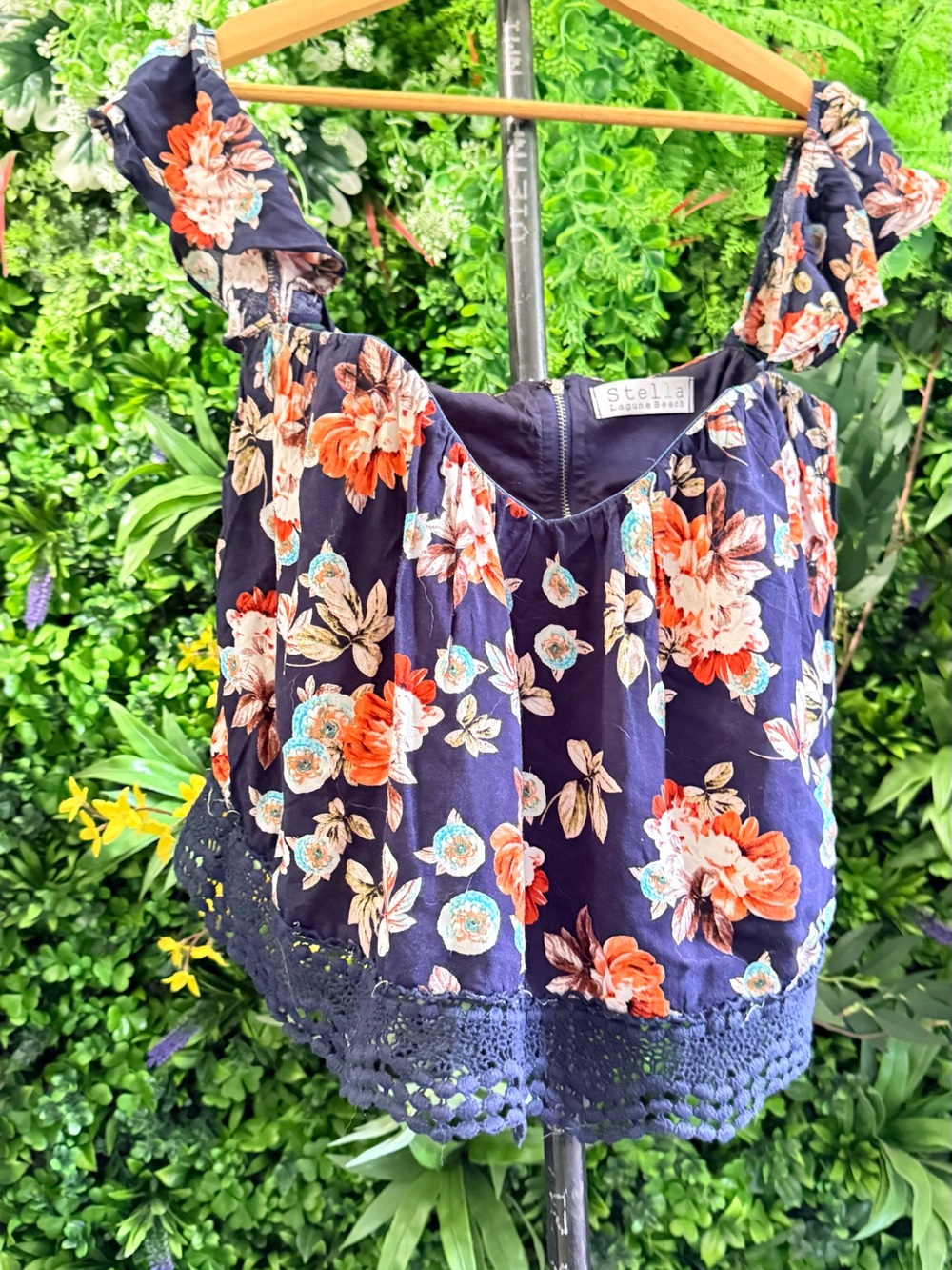 Stellah Navy Floral Crochet-Hem Camisole